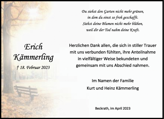 Traueranzeige von Erich Kämmerling von trauer.extra-tipp-moenchengladbach.de