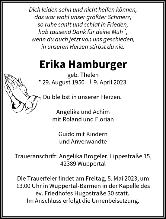 Traueranzeige von Erika Hamburger von trauer.wuppertaler-rundschau.de