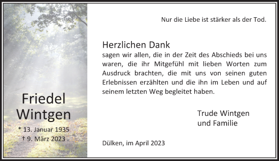 Traueranzeige von Friedel Wintgen von trauer.extra-tipp-moenchengladbach.de