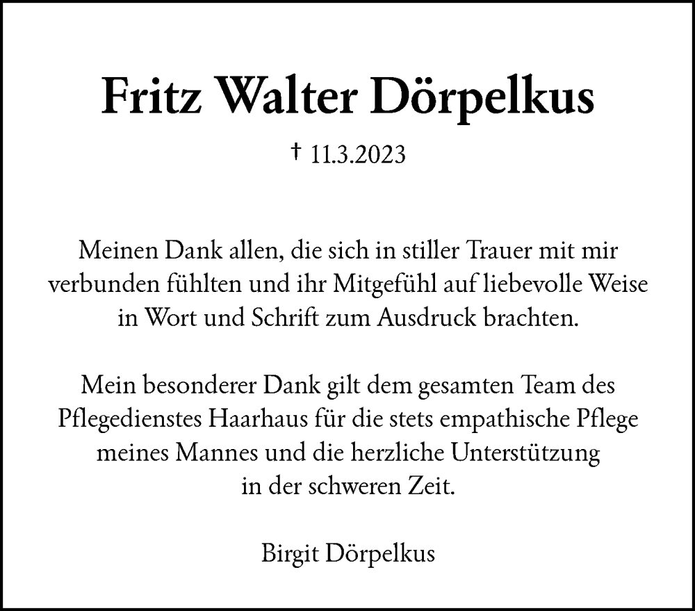  Traueranzeige für Fritz Walter Dörpelkus vom 15.04.2023 aus trauer.wuppertaler-rundschau.de