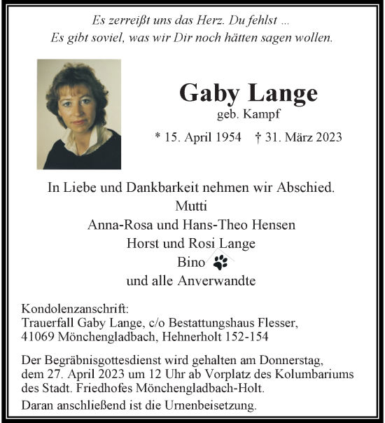 Traueranzeigen Von Gaby Lange Trauer Und Gedenken