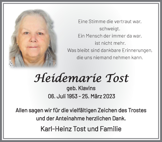 Traueranzeige von Heidemarie Tost von trauer.extra-tipp-moenchengladbach.de