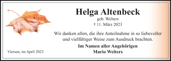 Traueranzeige von Helga Altenbeck von trauer.extra-tipp-moenchengladbach.de