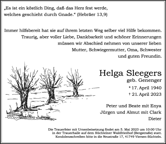 Traueranzeige von Helga Sleegers von trauer.extra-tipp-moenchengladbach.de