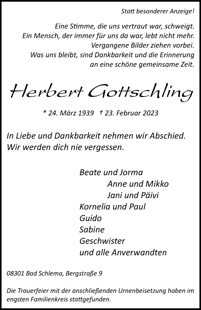  Traueranzeige für Herbert Gottschling vom 08.04.2023 aus trauer.stadt-kurier.de