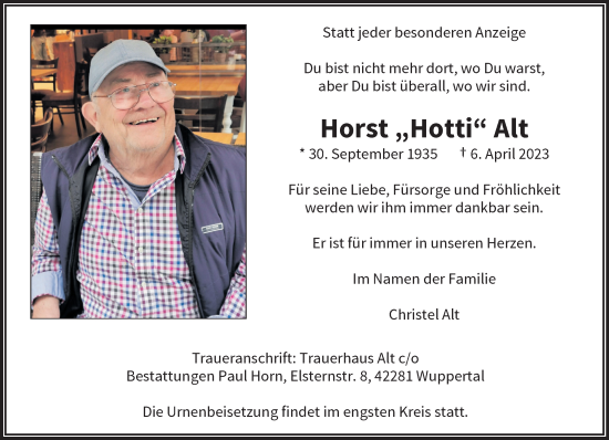 Traueranzeige von Horst Alt von trauer.wuppertaler-rundschau.de