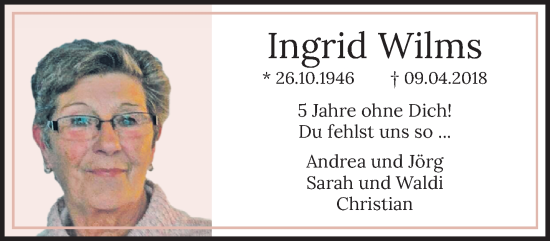 Traueranzeige von Ingrid Wilms von trauer.mein.krefeld.de
