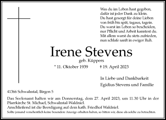 Traueranzeige von Irene Stevens von trauer.extra-tipp-moenchengladbach.de