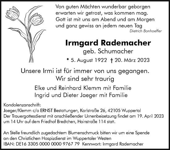 Traueranzeige von Irmgard Rademacher von trauer.wuppertaler-rundschau.de