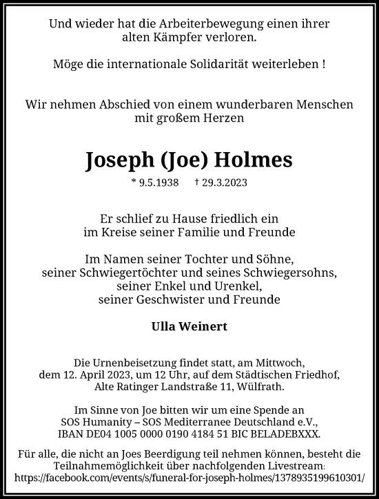 Traueranzeige von Joseph Holmes von trauer.wuppertaler-rundschau.de