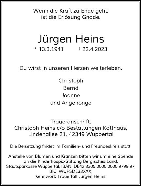 Traueranzeige von Jürgen Heins von trauer.wuppertaler-rundschau.de