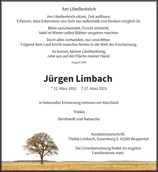 Traueranzeige von Jürgen Limbach von trauer.wuppertaler-rundschau.de
