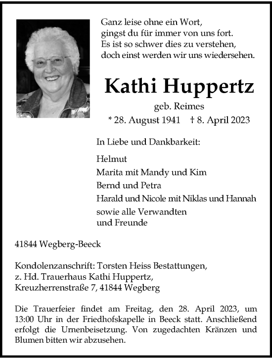 Traueranzeige von Kathi Huppertz von trauer.extra-tipp-moenchengladbach.de