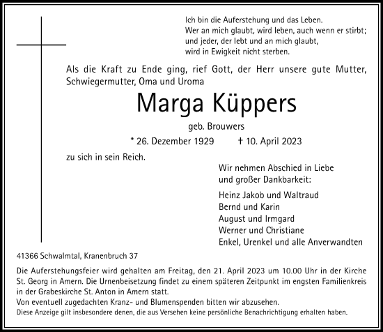 Traueranzeige von Marga Köppers von trauer.extra-tipp-moenchengladbach.de