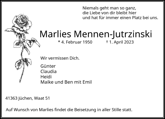 Traueranzeige von Marlies Mennen-Jutrzinski von trauer.extra-tipp-moenchengladbach.de