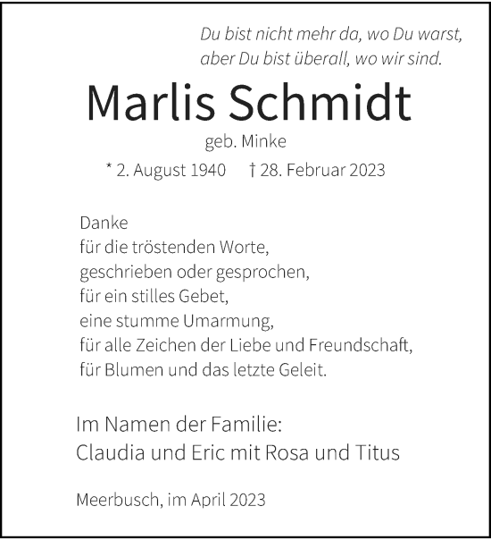 Traueranzeige von Marlis Schmidt von trauer.extra-tipp-moenchengladbach.de