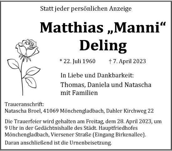 Traueranzeige von Matthias Deling von trauer.extra-tipp-moenchengladbach.de