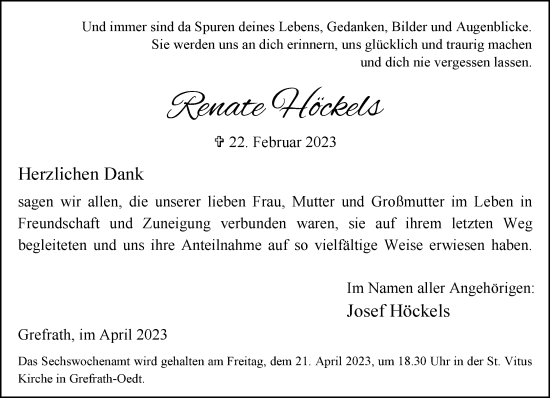 Traueranzeige von Renate Höckels von trauer.extra-tipp-moenchengladbach.de