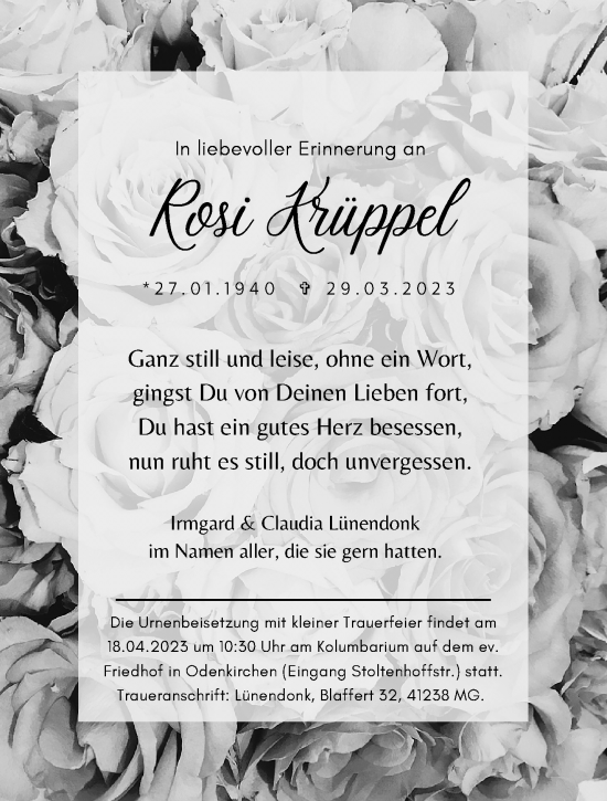 Traueranzeige von Rosi Krüppel von trauer.extra-tipp-moenchengladbach.de