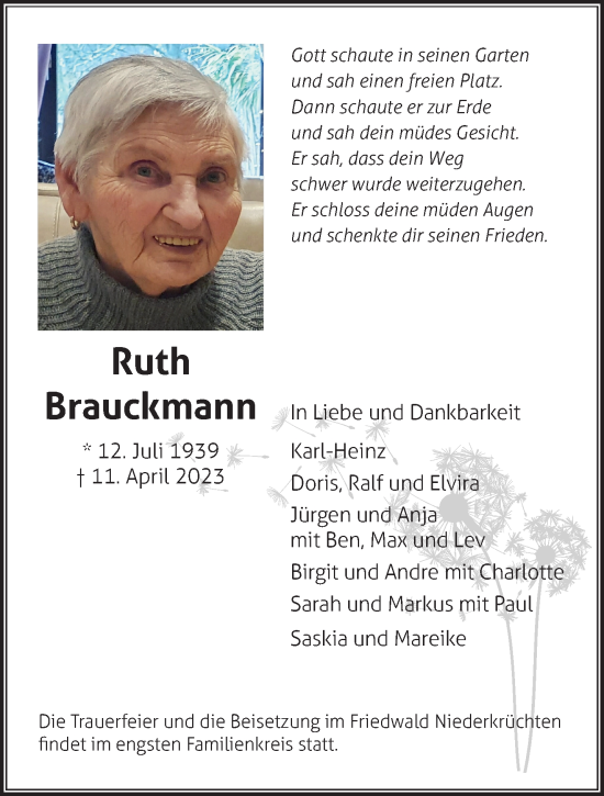 Traueranzeige von Ruth Brauckmann von trauer.extra-tipp-moenchengladbach.de