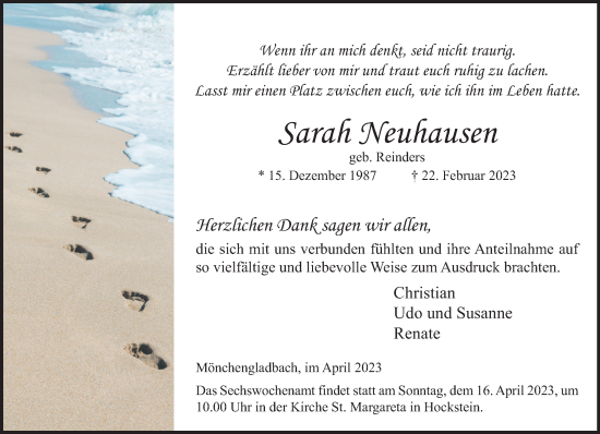 Traueranzeige von Sarah Neuhausen von trauer.extra-tipp-moenchengladbach.de