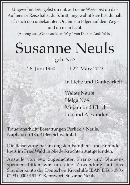 Traueranzeige von Susanne Neuls von trauer.extra-tipp-moenchengladbach.de