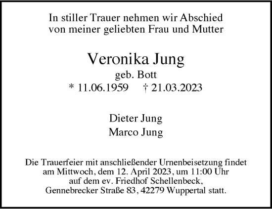 Traueranzeige von Veronika Jung von trauer.wuppertaler-rundschau.de