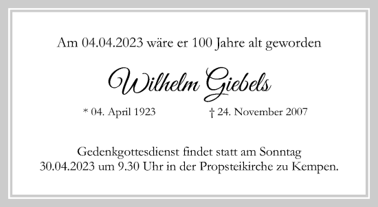 Traueranzeige von Wilhelm Giebels von trauer.mein.krefeld.de