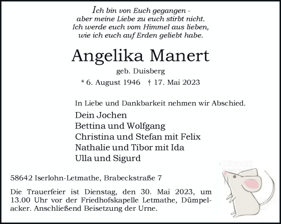 Traueranzeige von Angelika Manert von trauer.wuppertaler-rundschau.de