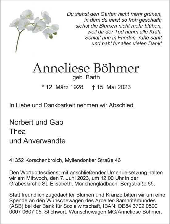 Traueranzeige von Anneliese Böhmer von trauer.extra-tipp-moenchengladbach.de