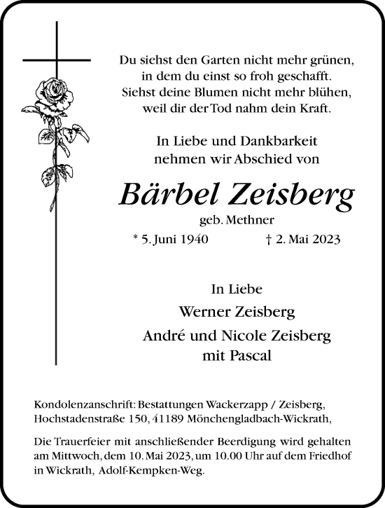 Traueranzeige von Bärbel Zeisberg von trauer.extra-tipp-moenchengladbach.de