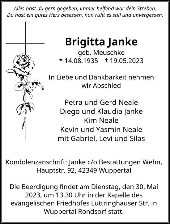 Traueranzeige von Brigitta Janke von trauer.wuppertaler-rundschau.de