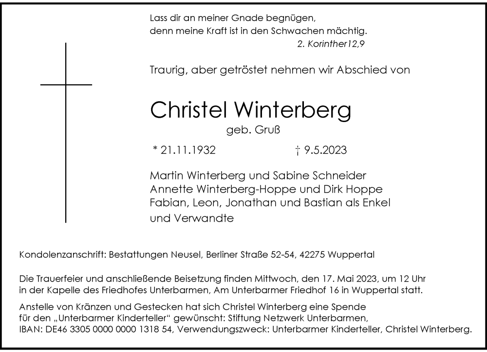  Traueranzeige für Christel Winterberg vom 13.05.2023 aus trauer.wuppertaler-rundschau.de