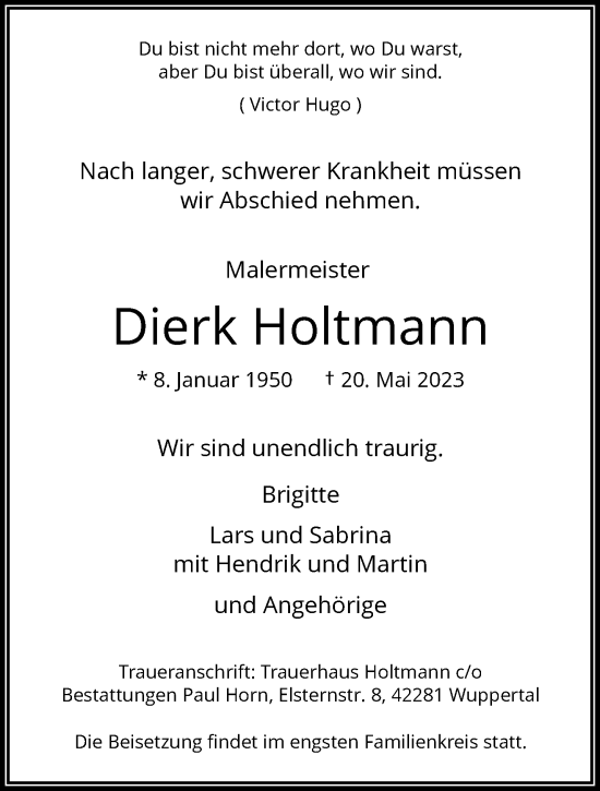 Traueranzeige von Dierk Holtmann von trauer.wuppertaler-rundschau.de