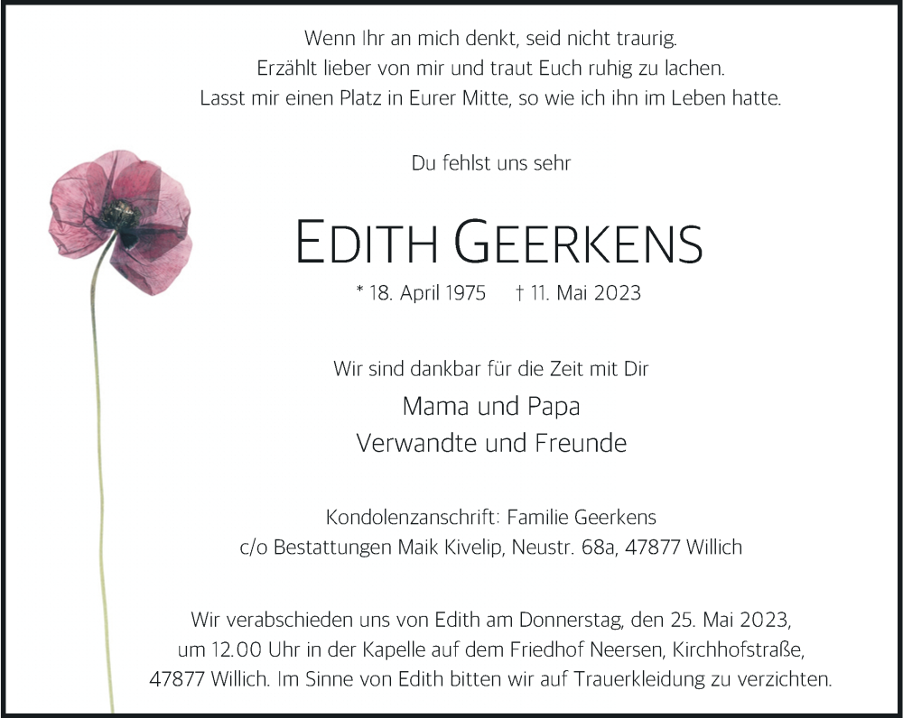  Traueranzeige für Edith Geerkens vom 21.05.2023 aus trauer.extra-tipp-moenchengladbach.de