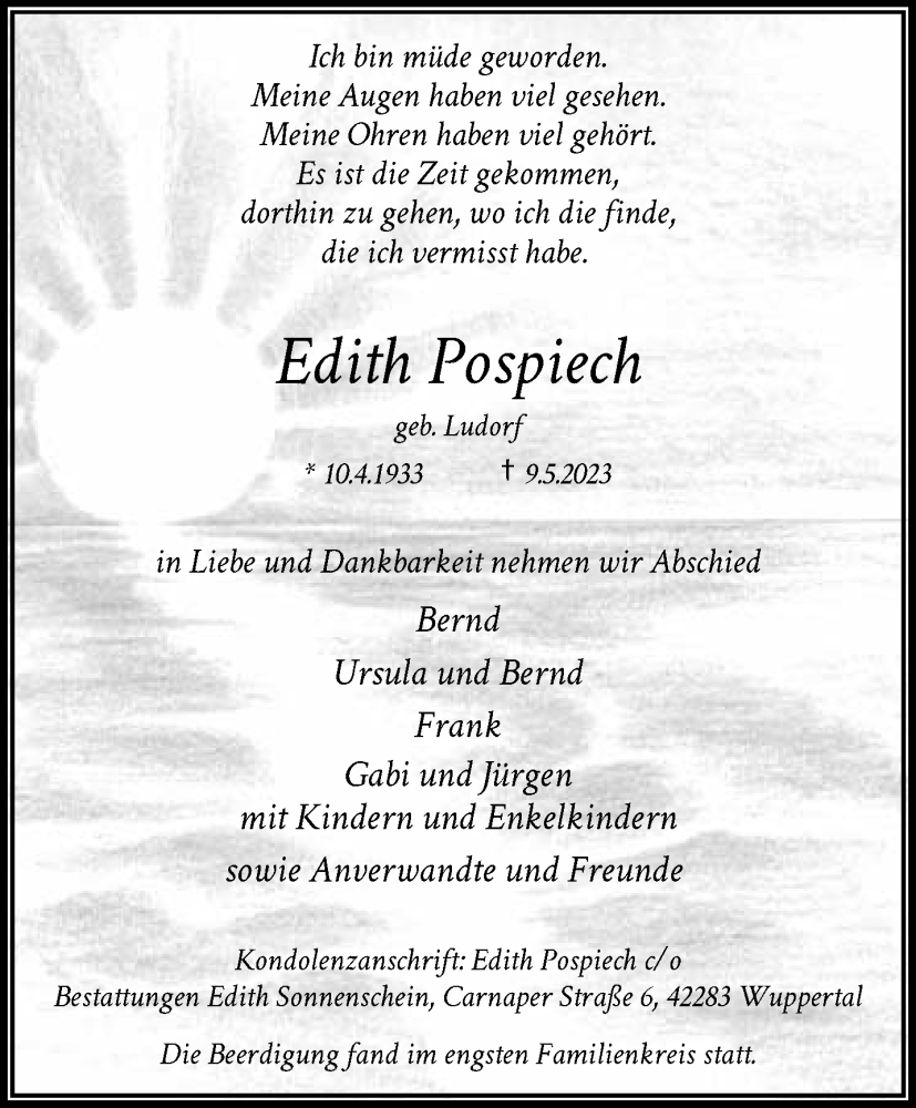  Traueranzeige für Edith Pospiech vom 20.05.2023 aus trauer.wuppertaler-rundschau.de