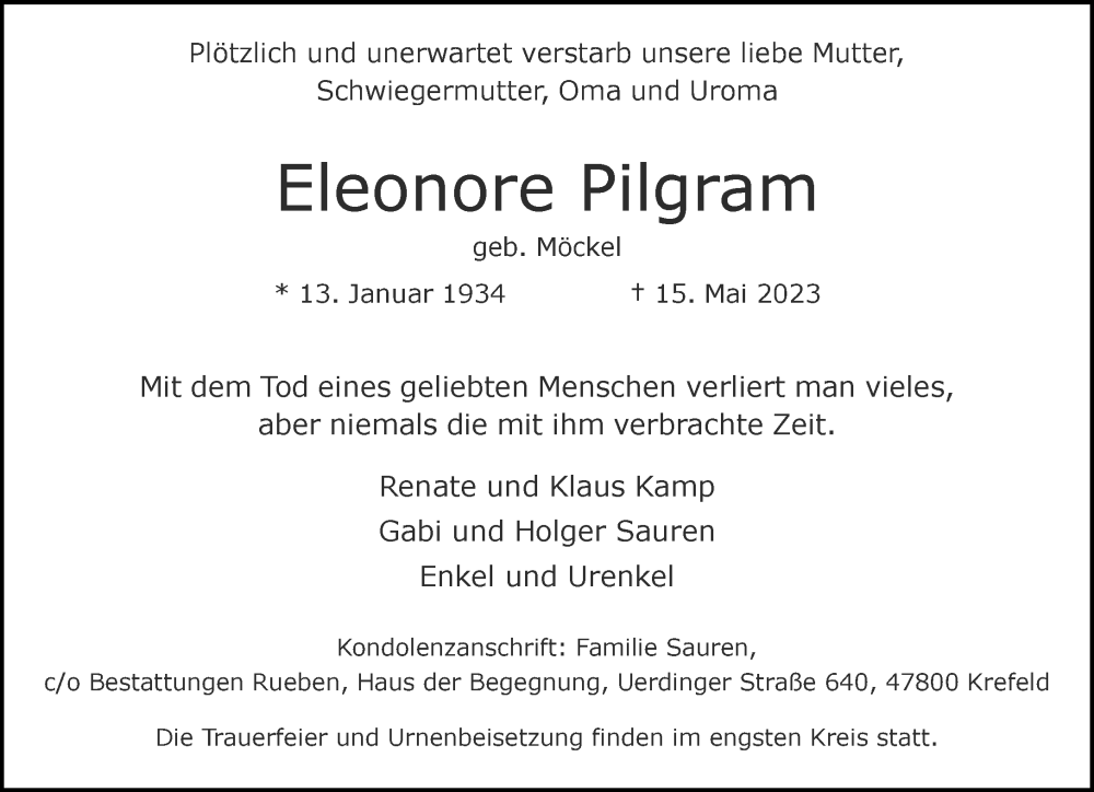  Traueranzeige für Eleonore Pilgram vom 21.05.2023 aus trauer.mein.krefeld.de