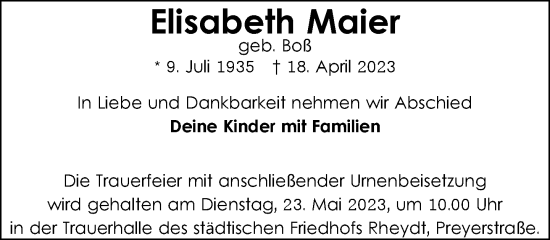 Traueranzeige von Elisabeth Maier von trauer.extra-tipp-moenchengladbach.de