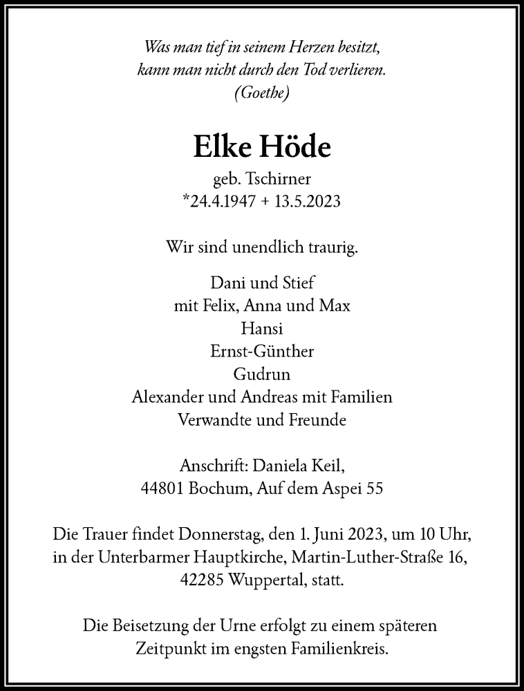  Traueranzeige für Elke Höde vom 20.05.2023 aus trauer.wuppertaler-rundschau.de