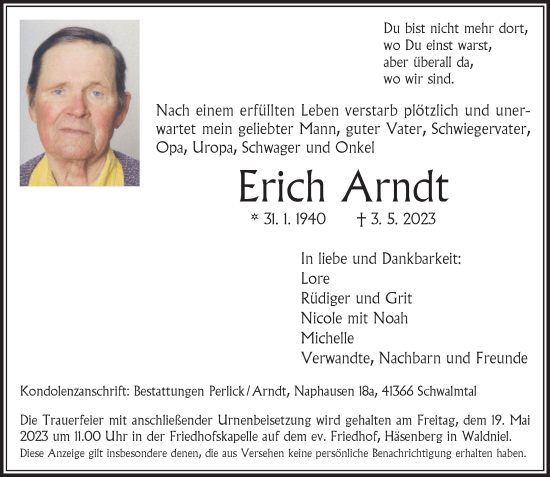 Traueranzeige von Erich Arndt von trauer.extra-tipp-moenchengladbach.de