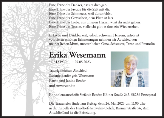 Traueranzeige von Erika Wesemann von trauer.wuppertaler-rundschau.de