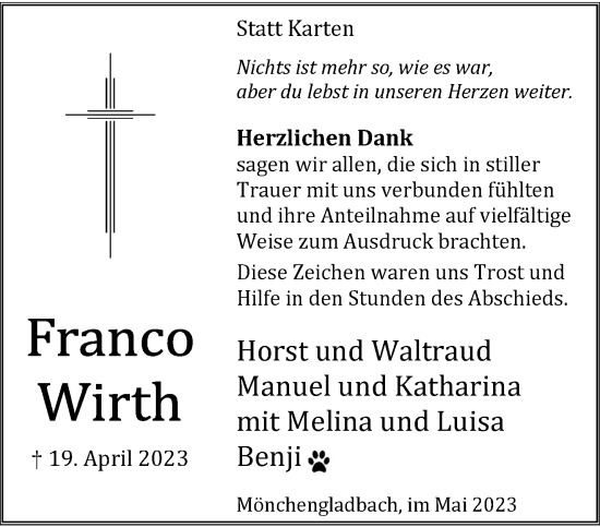 Traueranzeige von Franco Wirth von trauer.extra-tipp-moenchengladbach.de