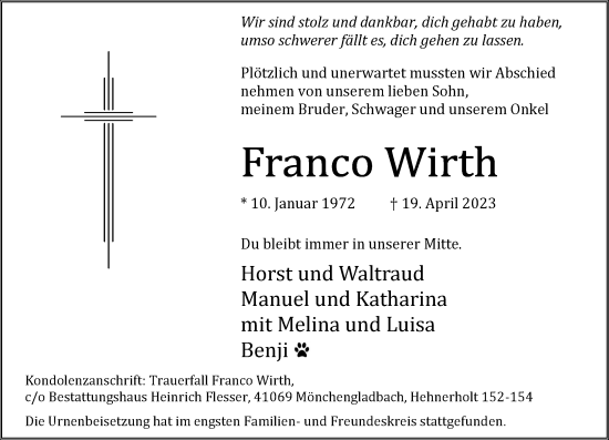 Traueranzeige von Franco Wirth von trauer.extra-tipp-moenchengladbach.de