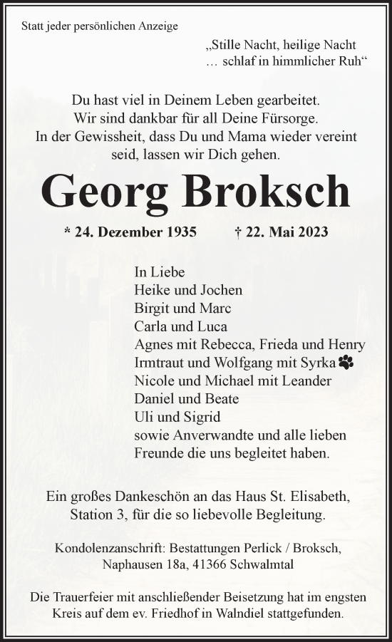 Traueranzeige von Georg Broksch von trauer.extra-tipp-moenchengladbach.de