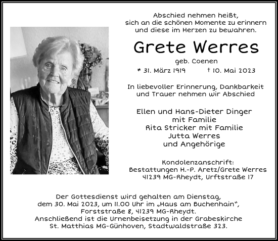 Traueranzeige von Grete Werres von trauer.extra-tipp-moenchengladbach.de