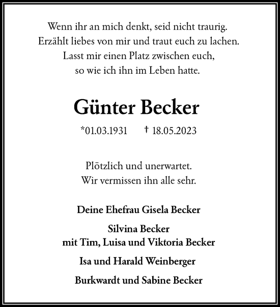 Traueranzeige von Günter Becker von trauer.wuppertaler-rundschau.de