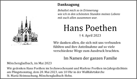 Traueranzeige von Hans Poethen von trauer.extra-tipp-moenchengladbach.de