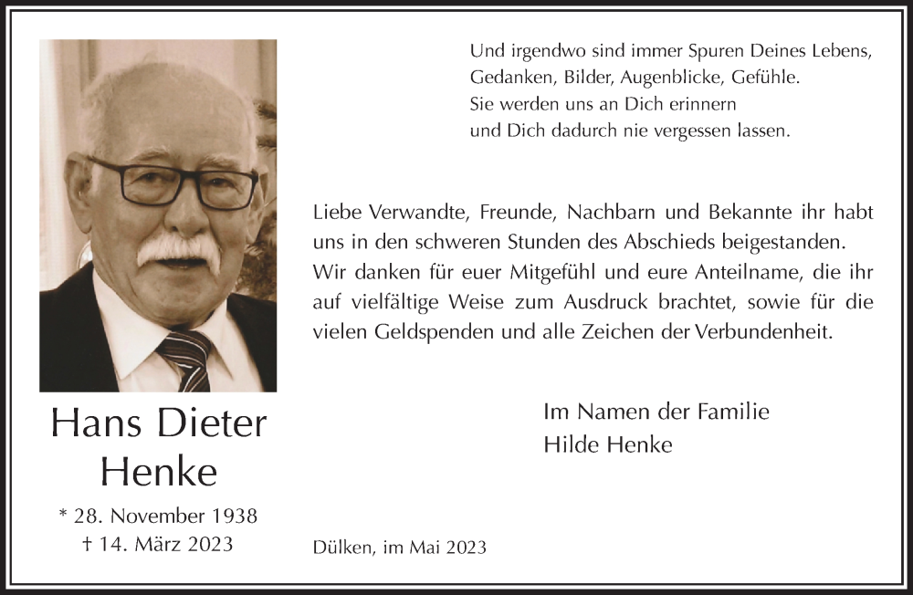  Traueranzeige für Hans Dieter Henke vom 07.05.2023 aus trauer.extra-tipp-moenchengladbach.de