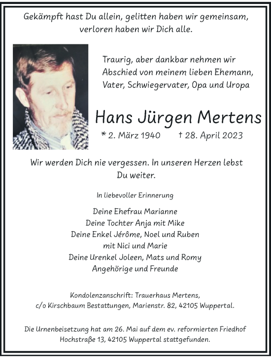 Traueranzeige von Hans Jürgen Mertens von trauer.wuppertaler-rundschau.de