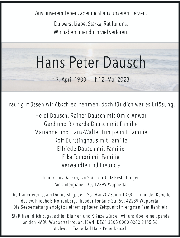  Traueranzeige für Hans Peter Dausch vom 20.05.2023 aus trauer.wuppertaler-rundschau.de